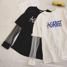 New  Embroidery Letter Net Yarn Patchwork Fake two pieces Summer T Shirt Women Fashion T-shirts Tops Plus Size GS