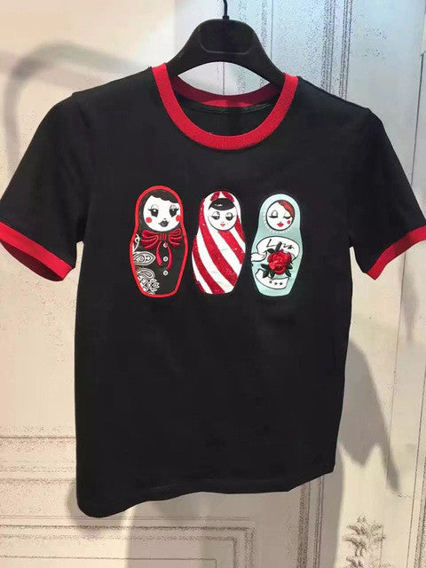 New  European Fashion Women T shirts Female kawaii Three Character Print t-shirt Short Sleeve Silm Woman tops 72533 GS