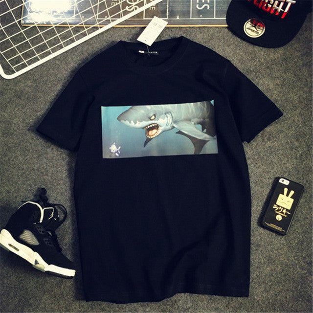 New  European Style Short Sleeve T-shirts Plus Size Shark Print Tops Casual Female t shirts O-neck Women tshirts 72458 GS
