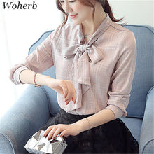 New  Fashion Bow Tie Plaid Chiffon Blouse Full Sleeve Sweet Blusas Brief Casual Shirt Elegant Women Tops Plus Size 72717 GS