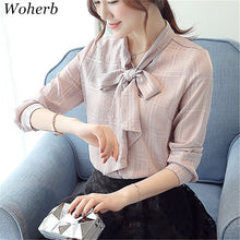 New  Fashion Bow Tie Plaid Chiffon Blouse Full Sleeve Sweet Blusas Brief Casual Shirt Elegant Women Tops Plus Size 72717 GS