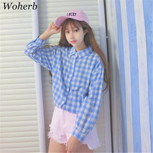 New  Fashion Button Blouse Korean Style Shirt Pink/Blue Plaid Blouses Ladies Long Sleeve Blusas Women Tops Plus Size 72704 GS