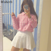 New  Fashion Button Blouse Korean Style Shirt Pink/Blue Plaid Blouses Ladies Long Sleeve Blusas Women Tops Plus Size 72704 GS