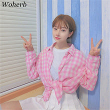 New  Fashion Button Blouse Korean Style Shirt Pink/Blue Plaid Blouses Ladies Long Sleeve Blusas Women Tops Plus Size 72704 GS