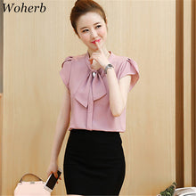 New  Fashion Button Bow Tie Ruffles Chiffon Blouse Elegant Short Sleeve Plus Size Blusas Slim Casual Shirt Women Tops 72708 GS
