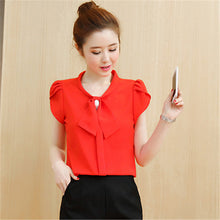 New  Fashion Button Bow Tie Ruffles Chiffon Blouse Elegant Short Sleeve Plus Size Blusas Slim Casual Shirt Women Tops 72708 GS