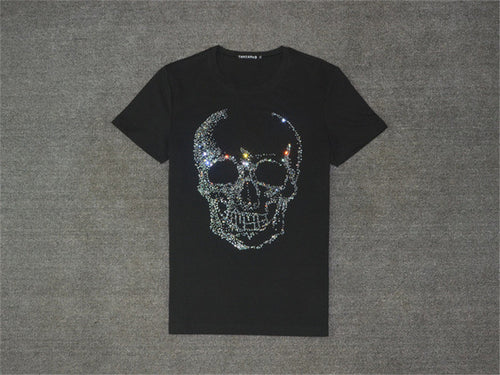 New  Fashion Cool Skull Diamonds Character Bling Women T shirts Female Plus Size T-shirt O-neck Tops Woman t shirt 72784 GS