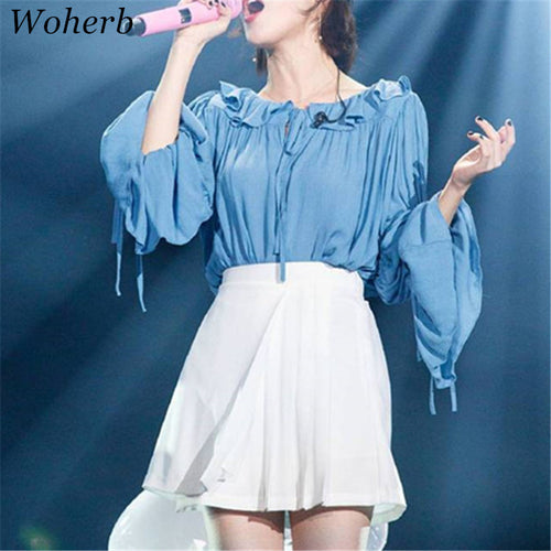 New  Fashion Elegant Bow Tie Pleated Chiffon Blouse Casual Shirt Flare Sleeve Cute Blusas Loose Women Tops Plus Size 72706 GS