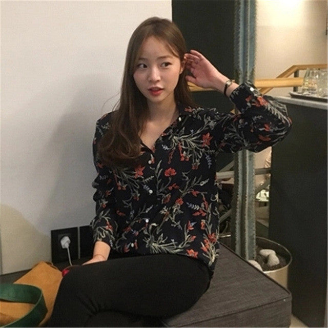 New  Fashion Elegant Full Sleeve Chiffon Blouse Floral Print Women Plus Size Tops Stand collar Shirt Button OL Blusas 72499 GS