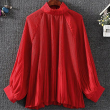 New  Fashion Elegant Pleated Chiffon Blouse Button Shirt Stand Collar Lanterns Sleeves Blusas Loose Women Tops Plus Size GS