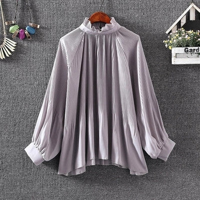 New  Fashion Elegant Pleated Chiffon Blouse Button Shirt Stand Collar Lanterns Sleeves Blusas Loose Women Tops Plus Size GS