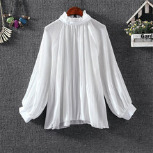 New  Fashion Elegant Pleated Chiffon Blouse Button Shirt Stand Collar Lanterns Sleeves Blusas Loose Women Tops Plus Size GS