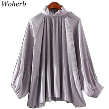 New  Fashion Elegant Pleated Chiffon Blouse Button Shirt Stand Collar Lanterns Sleeves Blusas Loose Women Tops Plus Size GS