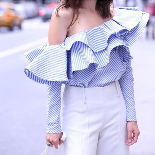 New  Fashion Europen Style Blue Striped Blouses Ruffles Slash neck Long Sleeve Blouse Sexy Women Tops Plus Size 72696 GS