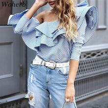 New  Fashion Europen Style Blue Striped Blouses Ruffles Slash neck Long Sleeve Blouse Sexy Women Tops Plus Size 72696 GS