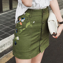 New  Fashion Floral Embroidery Pencil Skirt Mini Denim Skirts Woman Preppy Style Cute Button High Waist Skirts 72560 GS
