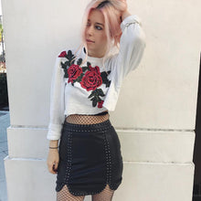 New  Fashion Full Sleeve T-shirts Plus Size Rose Floral Embroidery Crop Tops Female t shirts Sexy Women tshirts 72544 GS