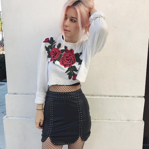 New  Fashion Full Sleeve T-shirts Plus Size Rose Floral Embroidery Crop Tops Female t shirts Sexy Women tshirts 72544 GS