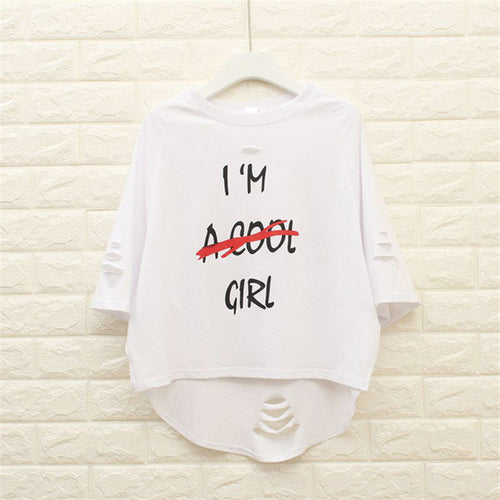 New  Fashion Half Sleeve Cool T-shirts Plus Size Hole Letter Print Female Loose t shirts Sexy Women tshirts 72506 GS