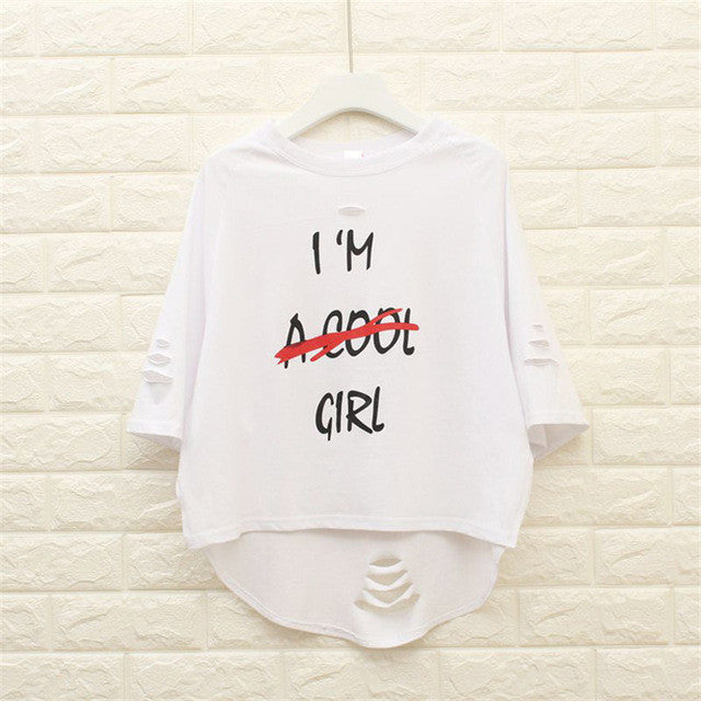 New  Fashion Half Sleeve Cool T-shirts Plus Size Hole Letter Print Female Loose t shirts Sexy Women tshirts 72506 GS
