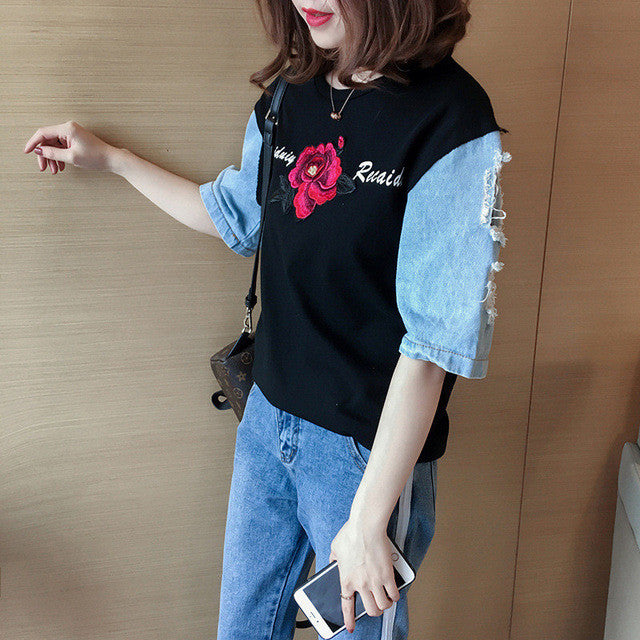 New  Fashion Japanese Harajuku Floral Embroidery T Shirts Patchwork Denim Short Sleeve T-shirts Plus Size Female Women Tops GS