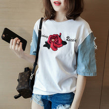 New  Fashion Japanese Harajuku Floral Embroidery T Shirts Patchwork Denim Short Sleeve T-shirts Plus Size Female Women Tops GS