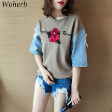 New  Fashion Japanese Harajuku Floral Embroidery T Shirts Patchwork Denim Short Sleeve T-shirts Plus Size Female Women Tops GS