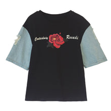 New  Fashion Japanese Harajuku Floral Embroidery T Shirts Patchwork Denim Short Sleeve T-shirts Plus Size Female Women Tops GS