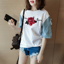New  Fashion Japanese Harajuku Floral Embroidery T Shirts Patchwork Denim Short Sleeve T-shirts Plus Size Female Women Tops GS