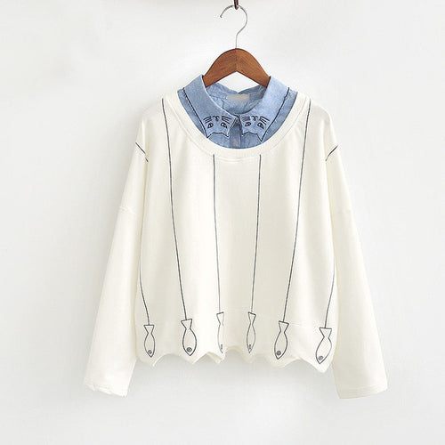 New  Fashion Japanese Style Cat Fish Embroidery Female Patchwork t shirts Cute tshirts Full Sleeve T-shirts Plus Size 72631 GS