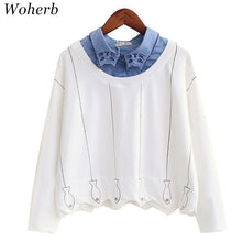New  Fashion Japanese Style Cat Fish Embroidery Female Patchwork t shirts Cute tshirts Full Sleeve T-shirts Plus Size 72631 GS