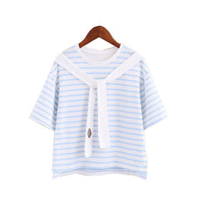 New  Fashion Japanese Style Sweet Embroidered Tie Striped T Shirts Short Sleeve Brief T-shirts Female Plus Size Women Tops GS