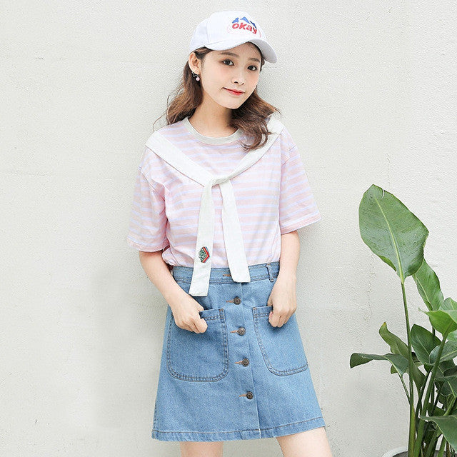 New  Fashion Japanese Style Sweet Embroidered Tie Striped T Shirts Short Sleeve Brief T-shirts Female Plus Size Women Tops GS