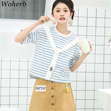 New  Fashion Japanese Style Sweet Embroidered Tie Striped T Shirts Short Sleeve Brief T-shirts Female Plus Size Women Tops GS