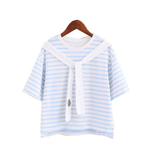 New  Fashion Japanese Style Sweet Embroidered Tie Striped T Shirts Short Sleeve Brief T-shirts Female Plus Size Women Tops GS