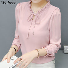 New  Fashion Korean Style Elegant Chiffon Blouse Bow Tie Shirt Stand Collar Long Puff-Sleeve Blusas Women Tops Plus Size GS