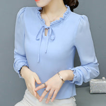 New  Fashion Korean Style Elegant Chiffon Blouse Bow Tie Shirt Stand Collar Long Puff-Sleeve Blusas Women Tops Plus Size GS