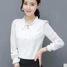 New  Fashion Korean Style Elegant Chiffon Blouse Bow Tie Shirt Stand Collar Long Puff-Sleeve Blusas Women Tops Plus Size GS