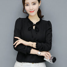 New  Fashion Korean Style Elegant Chiffon Blouse Bow Tie Shirt Stand Collar Long Puff-Sleeve Blusas Women Tops Plus Size GS