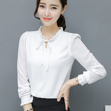 New  Fashion Korean Style Elegant Chiffon Blouse Bow Tie Shirt Stand Collar Long Puff-Sleeve Blusas Women Tops Plus Size GS