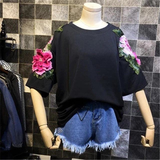 New  Fashion Korean Style Floral Appliques T Shirts Black Short Sleeve T-shirts Plus Size Female Women Tops 72636 GS
