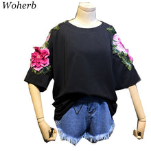 New  Fashion Korean Style Floral Appliques T Shirts Black Short Sleeve T-shirts Plus Size Female Women Tops 72636 GS