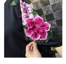 New  Fashion Korean Style Floral Appliques T Shirts Black Short Sleeve T-shirts Plus Size Female Women Tops 72636 GS