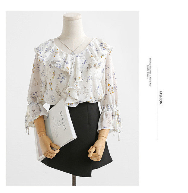 New  Fashion Korean Style Floral Chiffon Blouse Flare Sleeve Sweet Blusas Casual Shirt Elegant Women Tops Plus Size 72718 GS