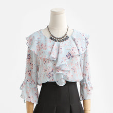 New  Fashion Korean Style Floral Chiffon Blouse Flare Sleeve Sweet Blusas Casual Shirt Elegant Women Tops Plus Size 72718 GS