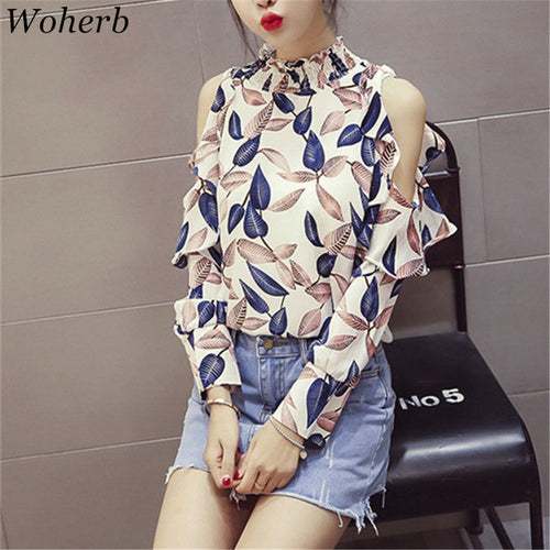 New  Fashion Korean Style Hollow Out Chiffon Blouse Leaf Print Blusas Casual Shirt Elegant Women Tops Plus Size 72714 GS