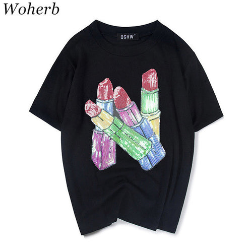 New  Fashion Korean Style Lipstick Sequined Bling T Shirts Short Sleeve Casual T-shirts Plus Size Female Women Tops 72629 GS