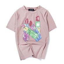 New  Fashion Korean Style Lipstick Sequined Bling T Shirts Short Sleeve Casual T-shirts Plus Size Female Women Tops 72629 GS