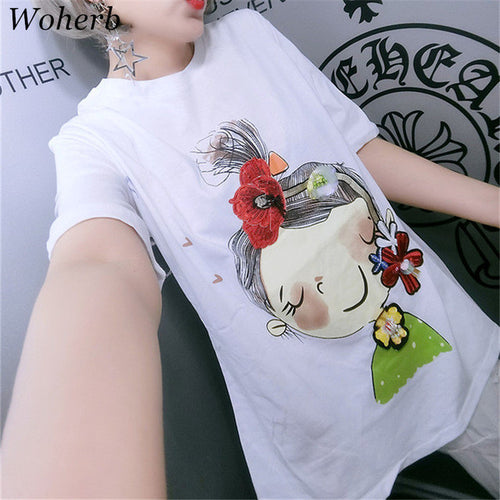 New  Fashion Korean Style Sequins 3D Floral Cute Gril T Shirts Short Sleeve T-shirts Plus Size Female Women Tops 72637 GS