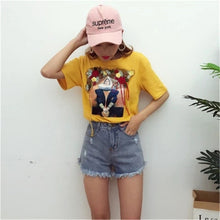 New  Fashion Korean Style T-shirts Harajuku Short Sleeve Character Print Embroidery T Shirts Plus Size Female Women Tops GS